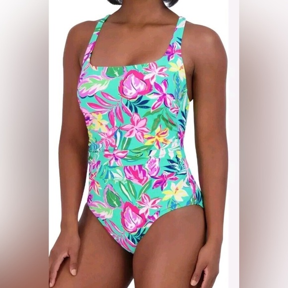 Stella Parker Shirred Multi-Color Hawaiian Floral One Piece Swimsuit Sz M New - Picture 11 of 11